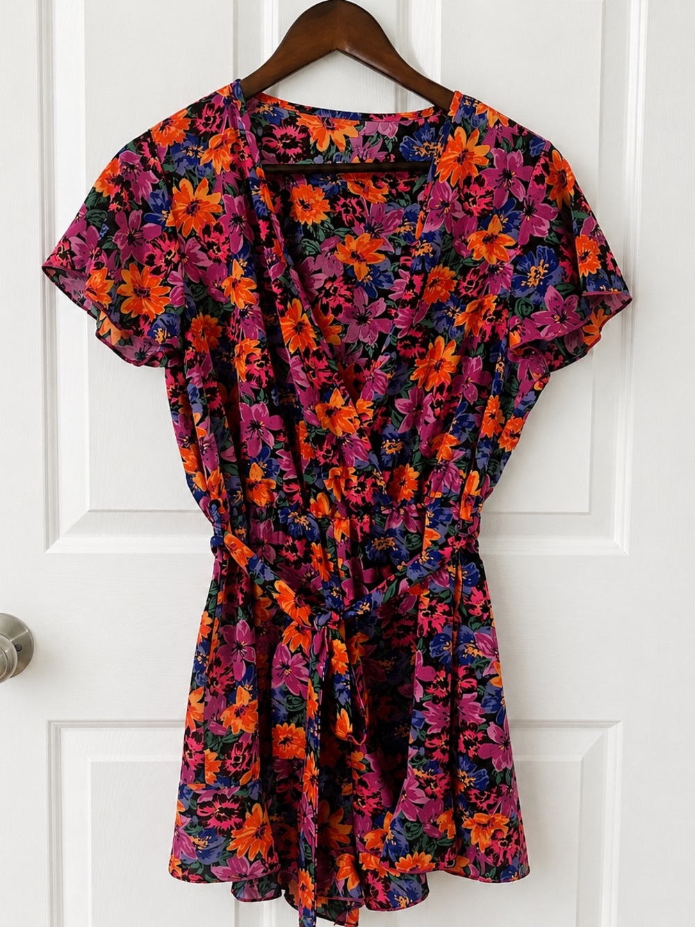 SHEIN Purple & Orange Floral V-Neck Romper - Size L